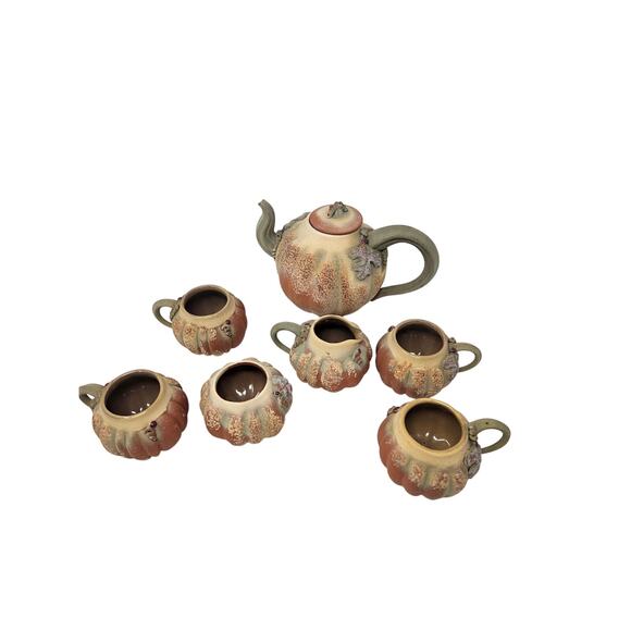 Handmade Pottery Thin Ice 7 Tea Set Teapot Mugs Cottage Primitive Pumpkin Gourd - Picture 4 of 5